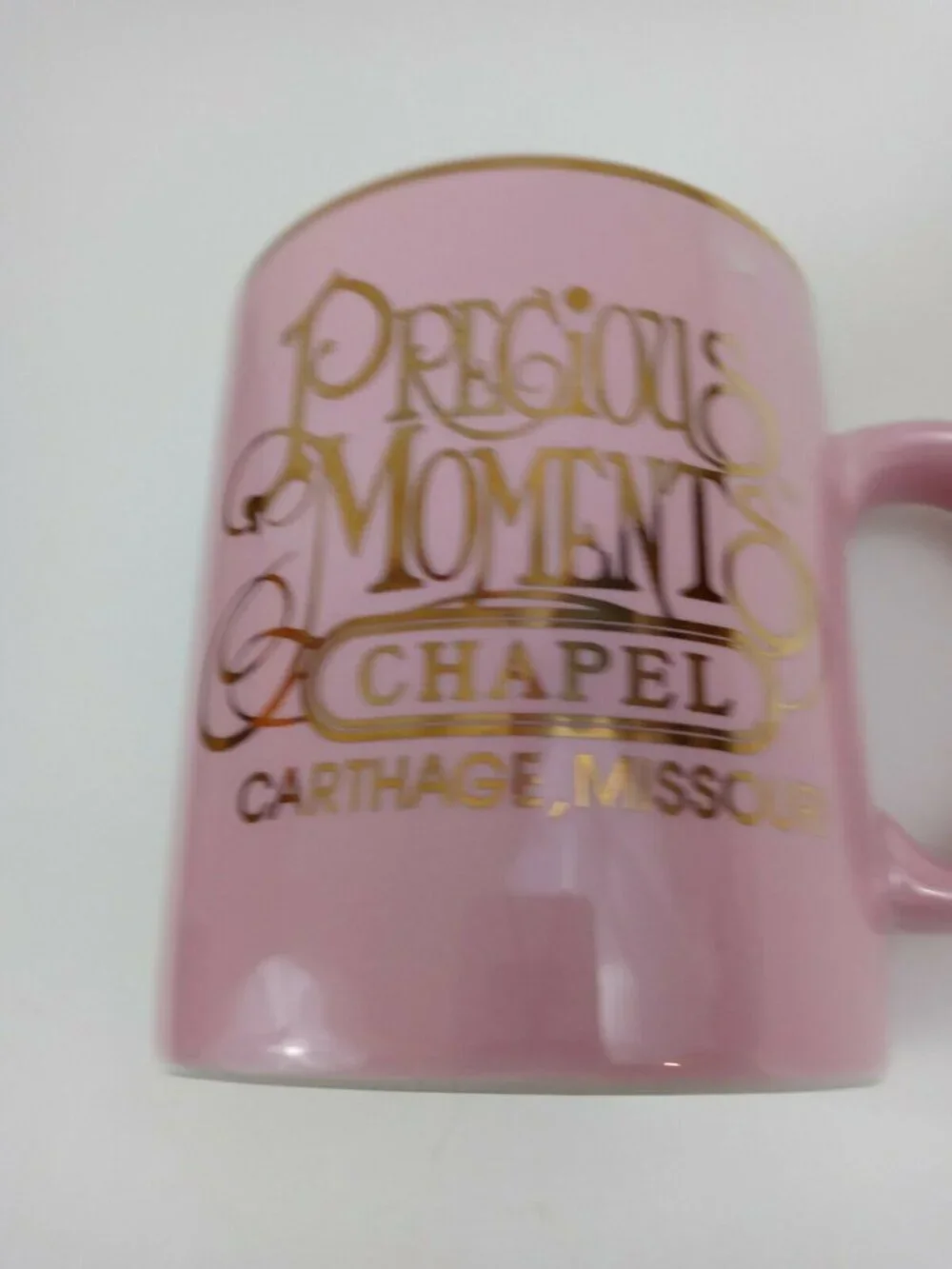 Precious Moments Chapel Carthage, Missouri Pink & Gold Coffee Mug Cup 4